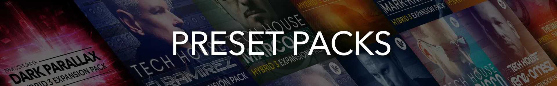 Software Preset Packs - White text Preset Packs in front of various pack images in background